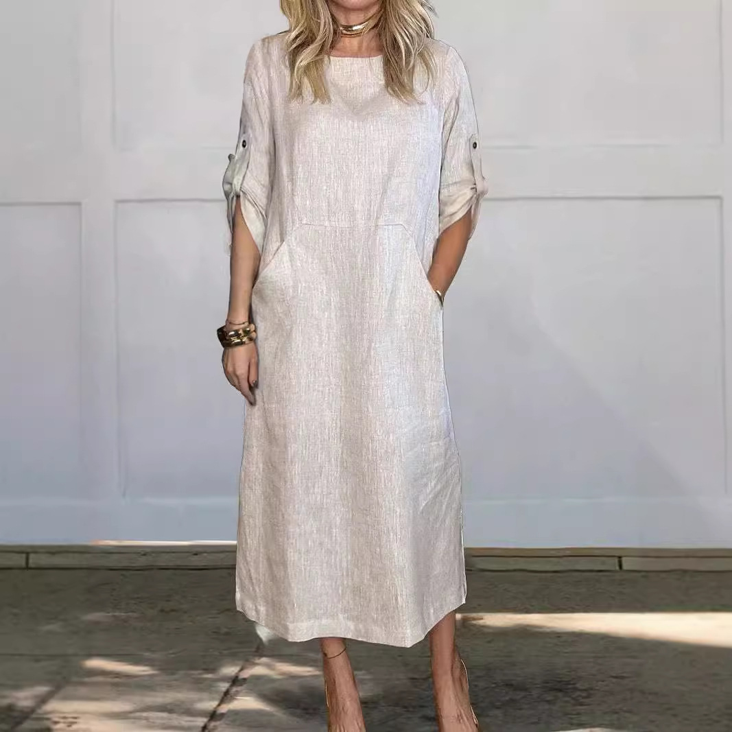 Casual double-sided pocket dress纯色休闲圆领双侧口袋连衣裙女