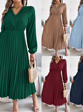 V-neck lace waist cinched pleated long skirtV领蕾丝收腰长裙