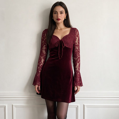 Lace up waist cinching patchwork dress 系带收腰拼接连衣裙