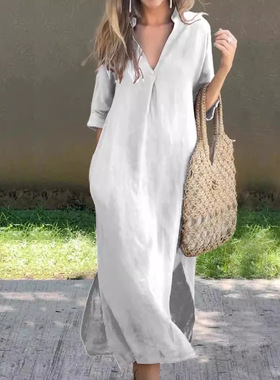 V-neck dress with side slits两侧开衩V领7分袖胸前压褶连衣裙女