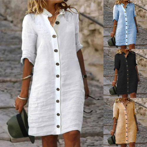 Shirt collar mid sleeve dress女士衬衫领中袖大圆扣休闲连衣裙