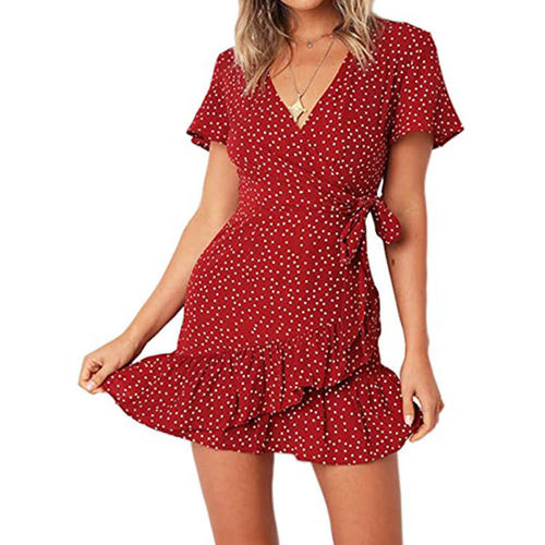 V领印花系带女士连衣裙V-neck printed lace up women's dress