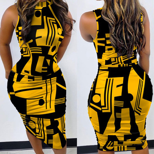 Sleeveless Print Ruched Bodycon 连衣裙 Yellow Dre Geometry