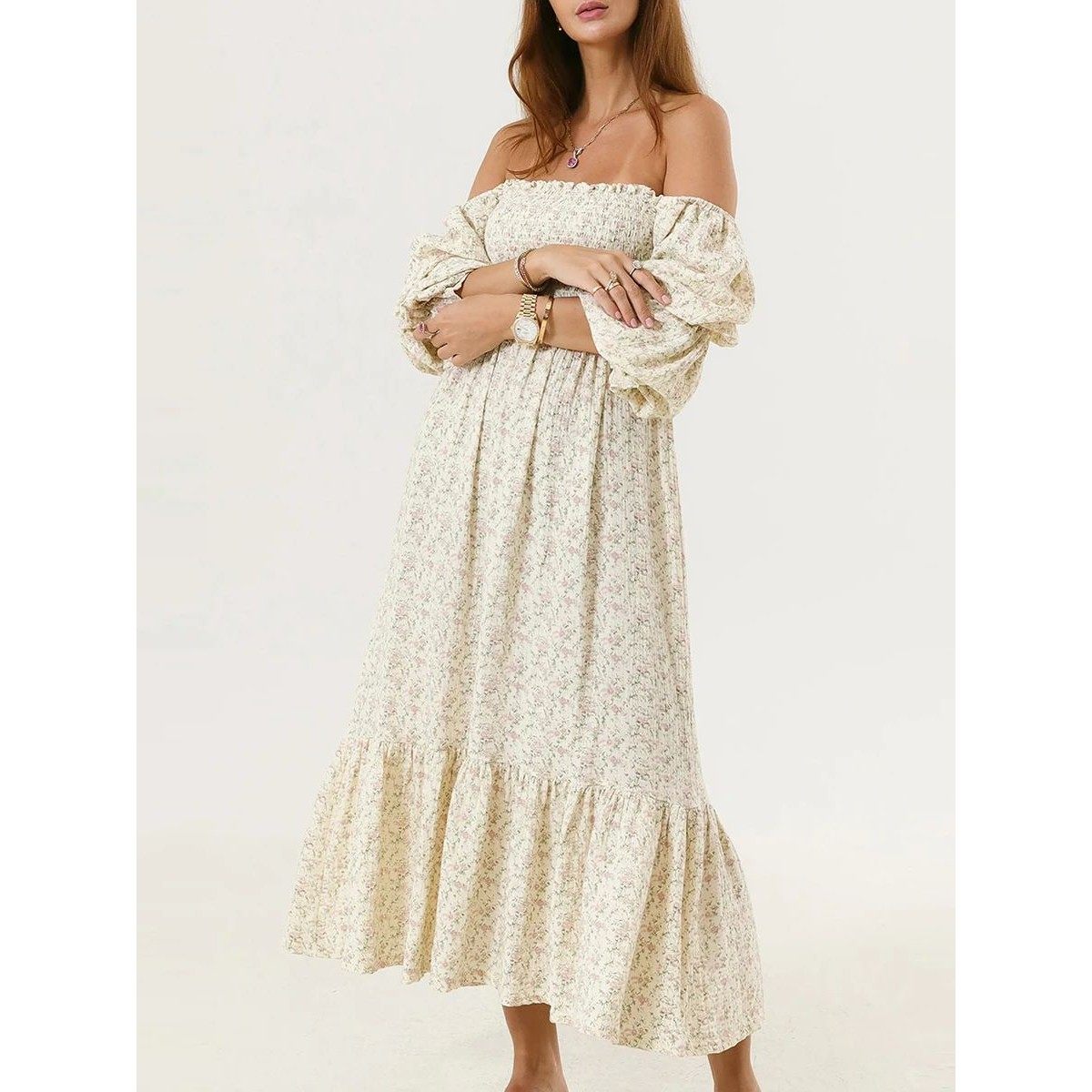 Off shoulder casual flared sleeve dress露肩休闲喇叭袖连衣裙
