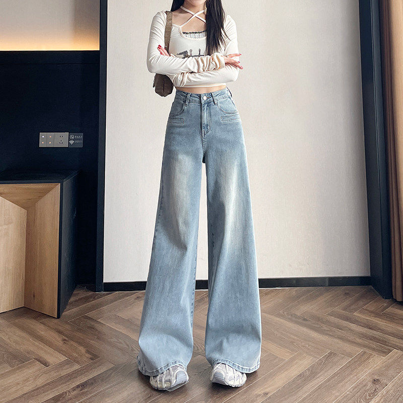 浅色弹力微喇阔腿牛仔裤女2026春季新款小个子宽松垂感直筒拖地裤