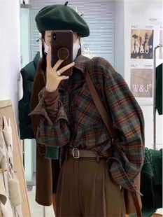 美式覆古磨毛格子衬衫女款春秋2025新款高级秋冬长袖衬衣外套上衣