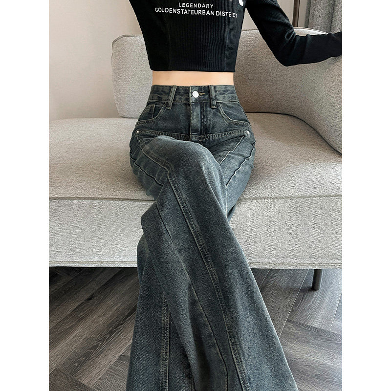 复古窄版牛仔裤女高腰阔腿裤子春秋时尚2024年新款小个子直筒宽松