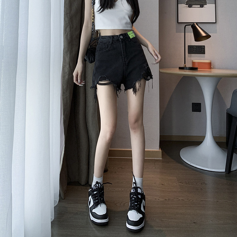 黑色毛边破洞牛仔短裤女高腰夏季薄款2026新款显瘦百搭直筒阔腿裤