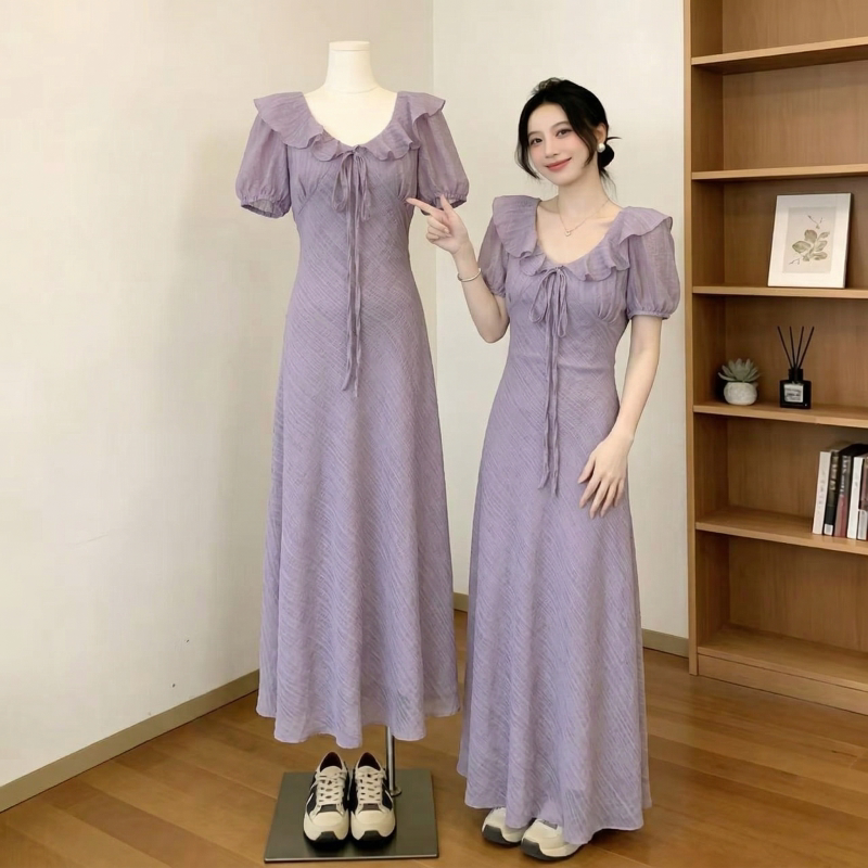 紫色荷叶领正肩短袖洋装