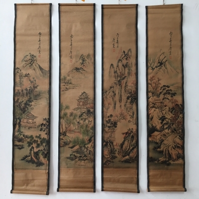 四联壁画山水人z物客厅装饰古卷轴