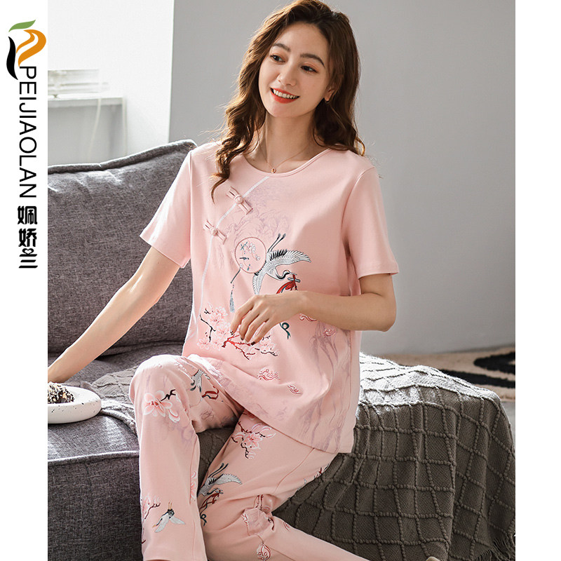 中年短袖女睡衣夏天薄款纯棉套头休闲短袖长裤女可外穿家居服套装
