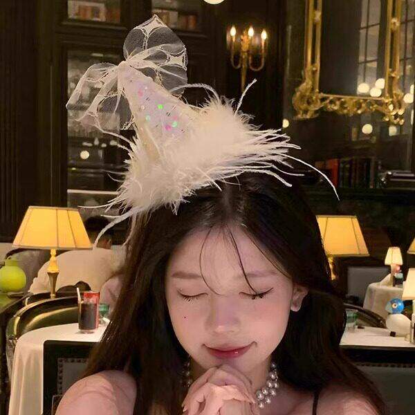 超仙奶油蓬蓬羽毛生日帽女网纱蝴蝶结发夹节日氛围头饰拍照道具女