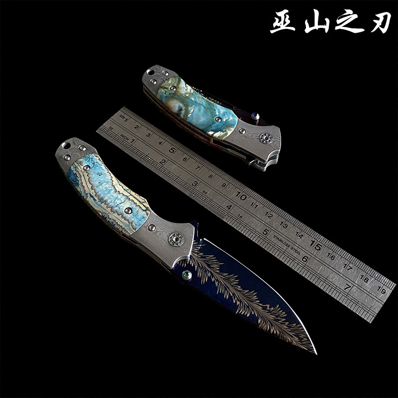 新款手工锻打瑞典大马士革钢烤蓝羽毛纹精致手柄宝石镶嵌工艺