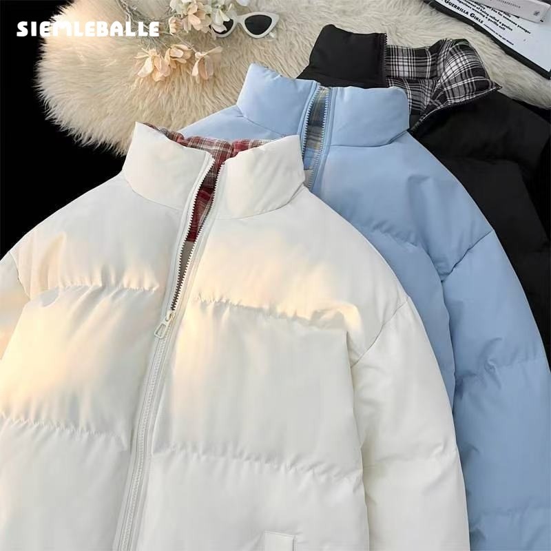 2025新款羽绒棉服外套冬季美式立领棉衣加厚条纹面包服情侣棉袄女