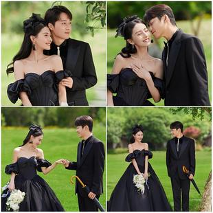 影楼工作室新款森系外景草坪婚纱照情侣照样片黑纱主题客片758