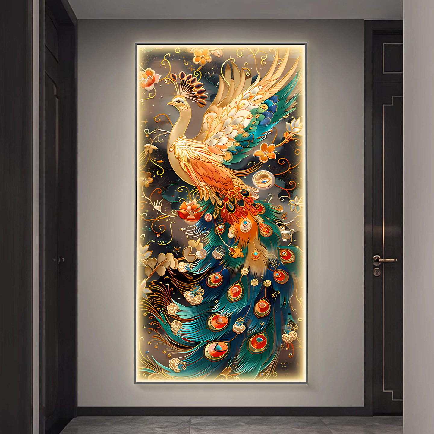 凤凰呈祥玄关装饰画高级感过道走廊尽头挂画孔雀入户正对门壁灯画图片