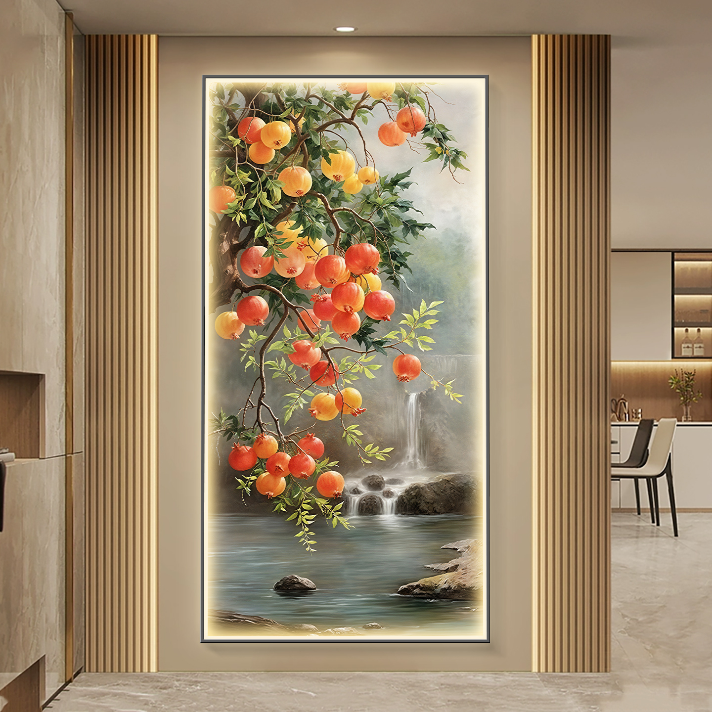 多子多福玄关装饰画新中式流水生财入户走廊挂画石榴九鱼图壁灯画图片