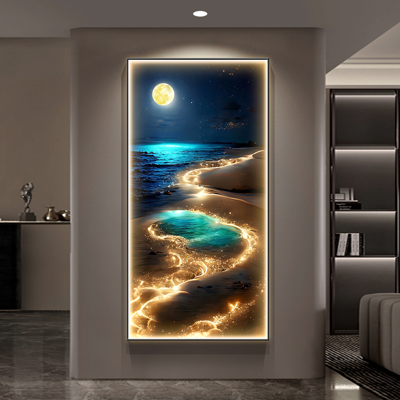 月球极光玄关装饰画海景入户正对门过道走廊挂画轻奢客厅带灯壁画