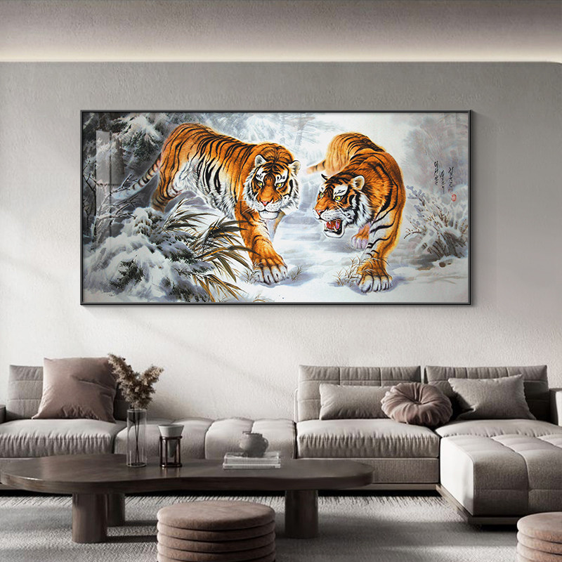 镇宅老虎客厅装饰画带灯猛虎书房办公室挂画泡茶室背景墙发光壁画