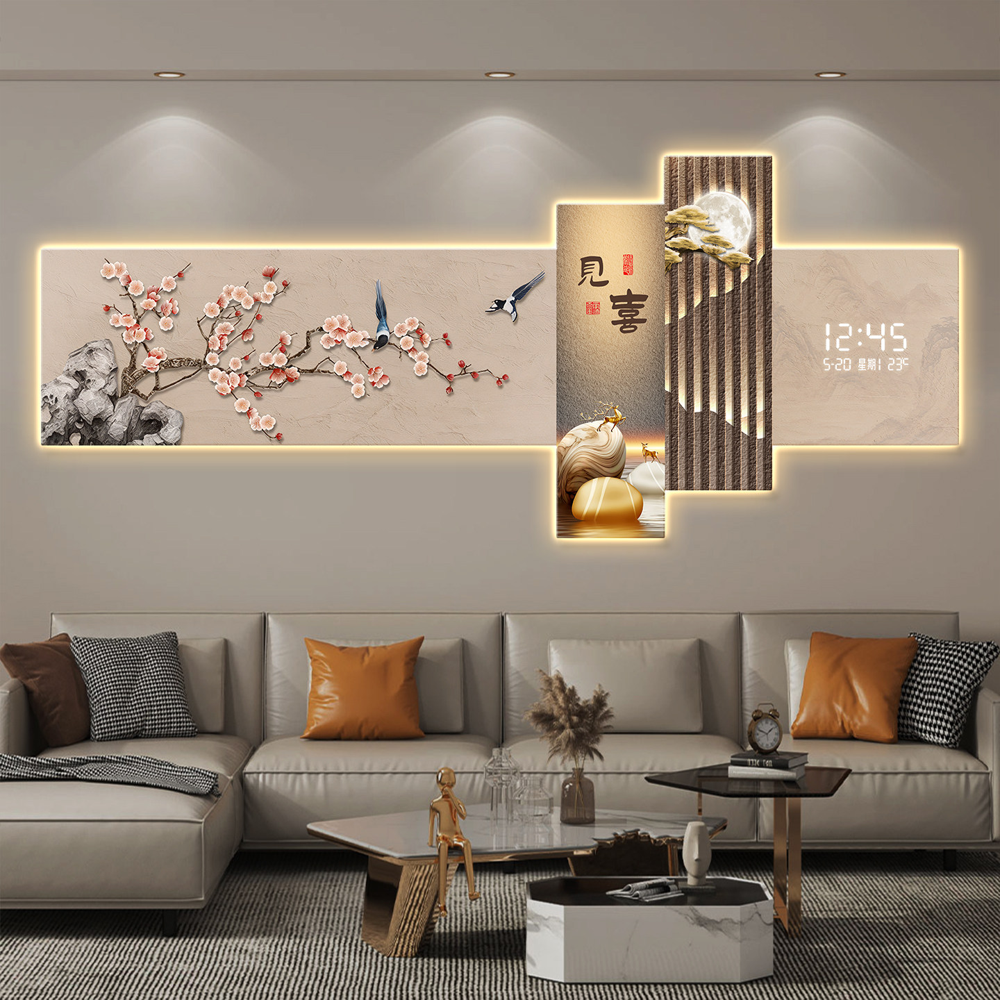 喜上眉梢客厅装饰画万年历电子钟新中式茶室挂画花鸟图时钟壁灯画