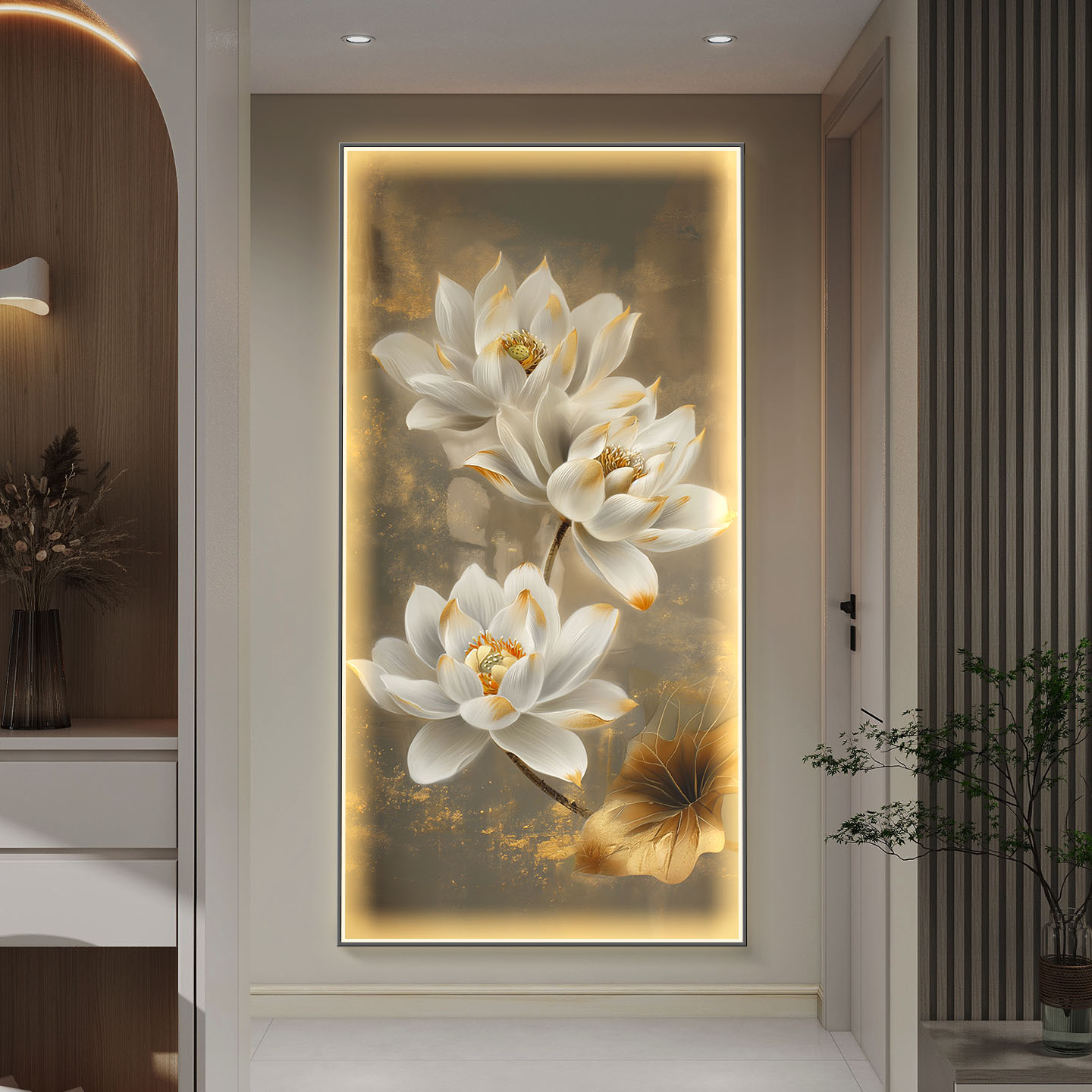 花开富贵玄关装饰画轻奢过道走廊带灯壁画花卉入户正对门发光挂画