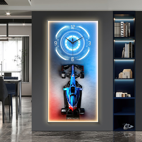 F1赛车玄关装饰画钟表客厅过道走廊挂画创意高级感汽车时钟壁灯画