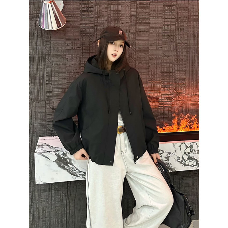 韩版潮酷连帽宽松拉链短外套女