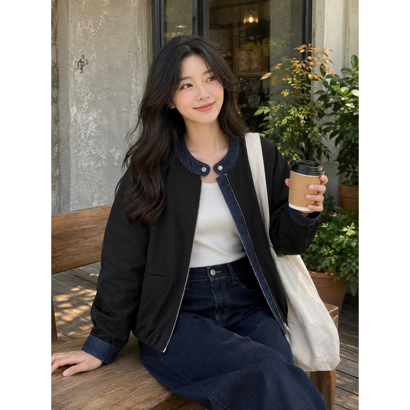 韩系拼接立领显瘦牛仔短外套女士