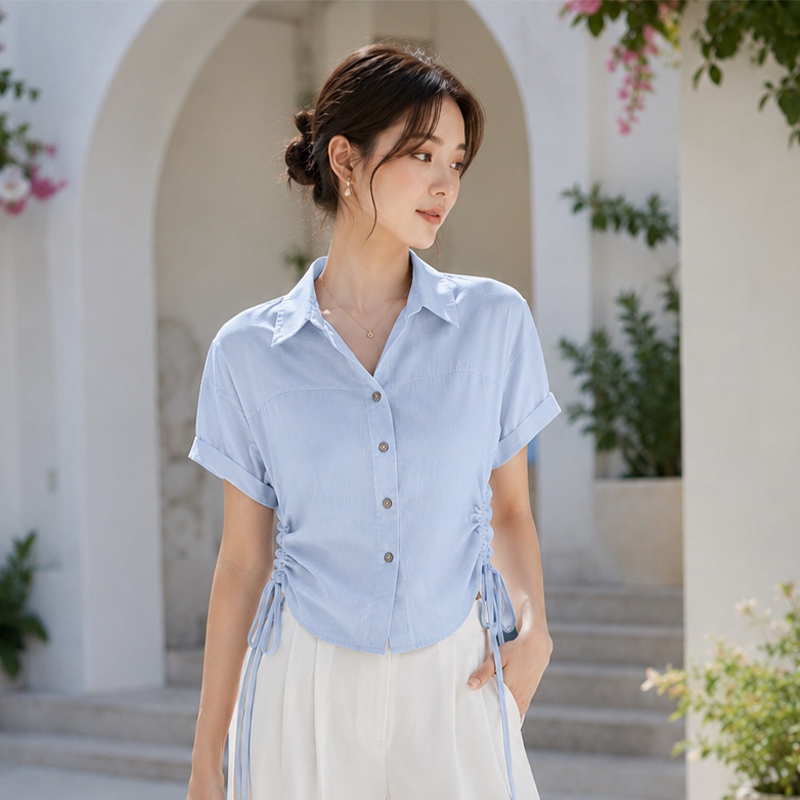 设计感蓝色衬衫女款2026夏季新款