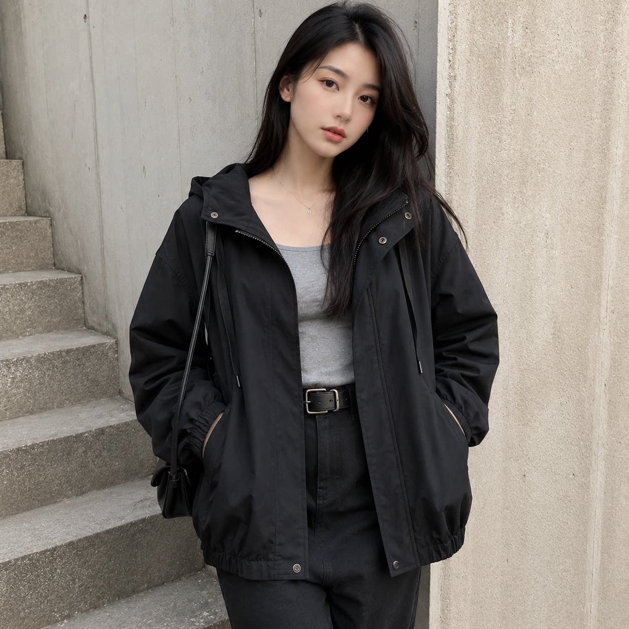 秋冬韩版连帽防风黑色短外套女
