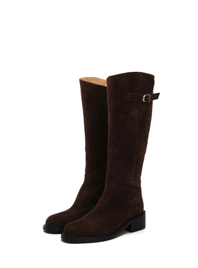 【我是摩羯】皮带扣骑士靴女新款牛反绒粗跟侧拉链高筒长靴H06572