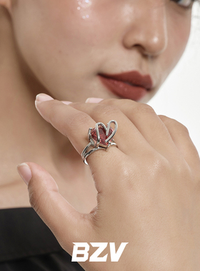 BZV甜觅原创设计宝石红色水钻爱心水滴甜酷风小众高级Y2K戒指