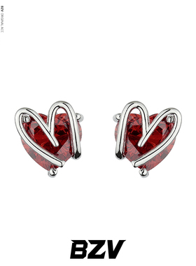 BZV甜觅原创设计纯银耳钉红色水钻爱心甜酷风小众极简个性百搭