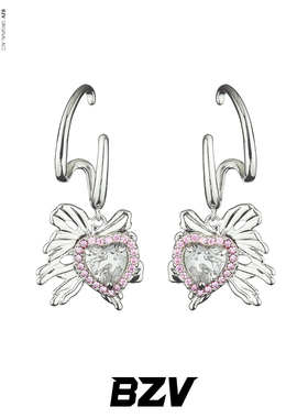 BZV原创设计庄周梦蝶粉色锆石螺旋小众个性千禧少女翅膀纯银耳环
