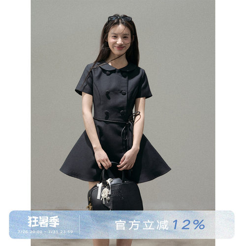 复古学院风双排扣修身蓬蓬连衣裙