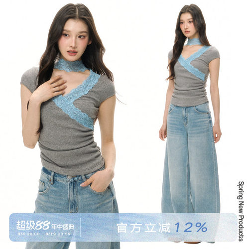 ANNACUTEV领拼接花边蕾丝短袖