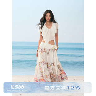 ANNA CUTE 纯欲V领不规则荷叶边飘带雪纺衫透视感收腰短袖T恤女