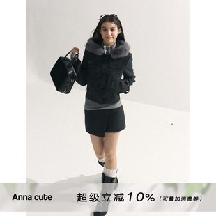 ANNA CUTE 复古学院风高级感毛领拼接毛呢大衣女短款连帽外套