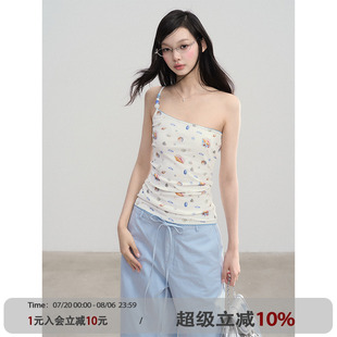 甜酷白色單肩串珠吊帶印花背心女性感辣妹短款 ANNA CUTE 夏季 上衣