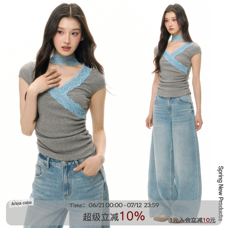 ANNACUTEV领拼接花边蕾丝短袖