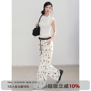 復(fù)古卡通小貓滿印雙腰頭抽繩休閑顯瘦垂感直通褲 ANNA CUTE 美式