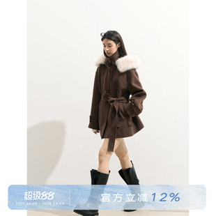 ANNA CUTE 韩版贵气大毛领连帽腰带羊毛大衣女短款系带毛呢外套