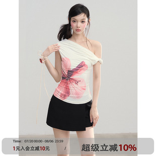ANNA 女花朵印花氣質(zhì)輕薄舒適T恤 設(shè)計(jì)感蕩領(lǐng)斜肩辣妹短袖 CUTE