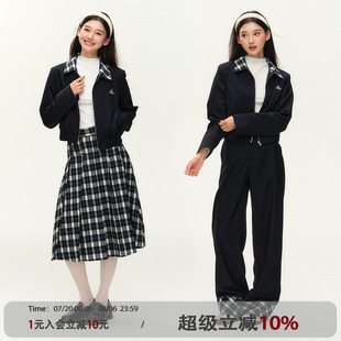 學(xué)院通勤格紋拼接夾克套裝 ANNA 原ATLAS 格紋半身裙休閑褲 CUTE