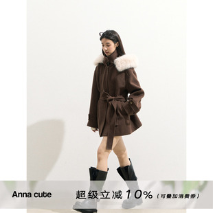 ANNA CUTE 韩版贵气大毛领连帽腰带羊毛大衣女短款系带毛呢外套