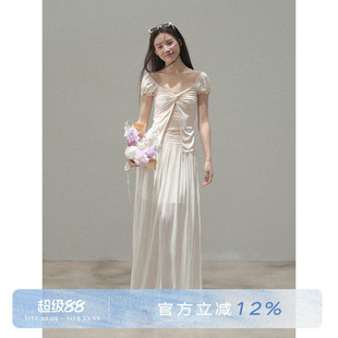 ANNA CUTE 莱赛尔法式蕾丝拼接半透扭结修身T恤女设计感夏季短袖