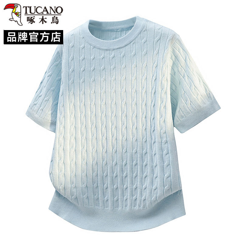 啄木鸟美式麻花针织短袖男款夏季老钱风穿搭重磅t恤高级感半袖潮