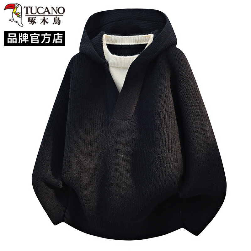 啄木鸟连帽针织衫男黑色假两件