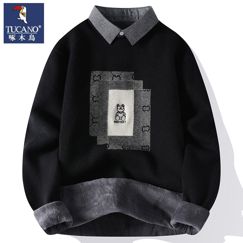 啄木鸟潮针织衬衫领加绒毛衣男