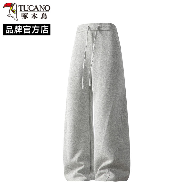 啄木鸟美式简约纯色抽绳休闲裤男秋冬加厚保暖宽松阔腿卫裤长裤子